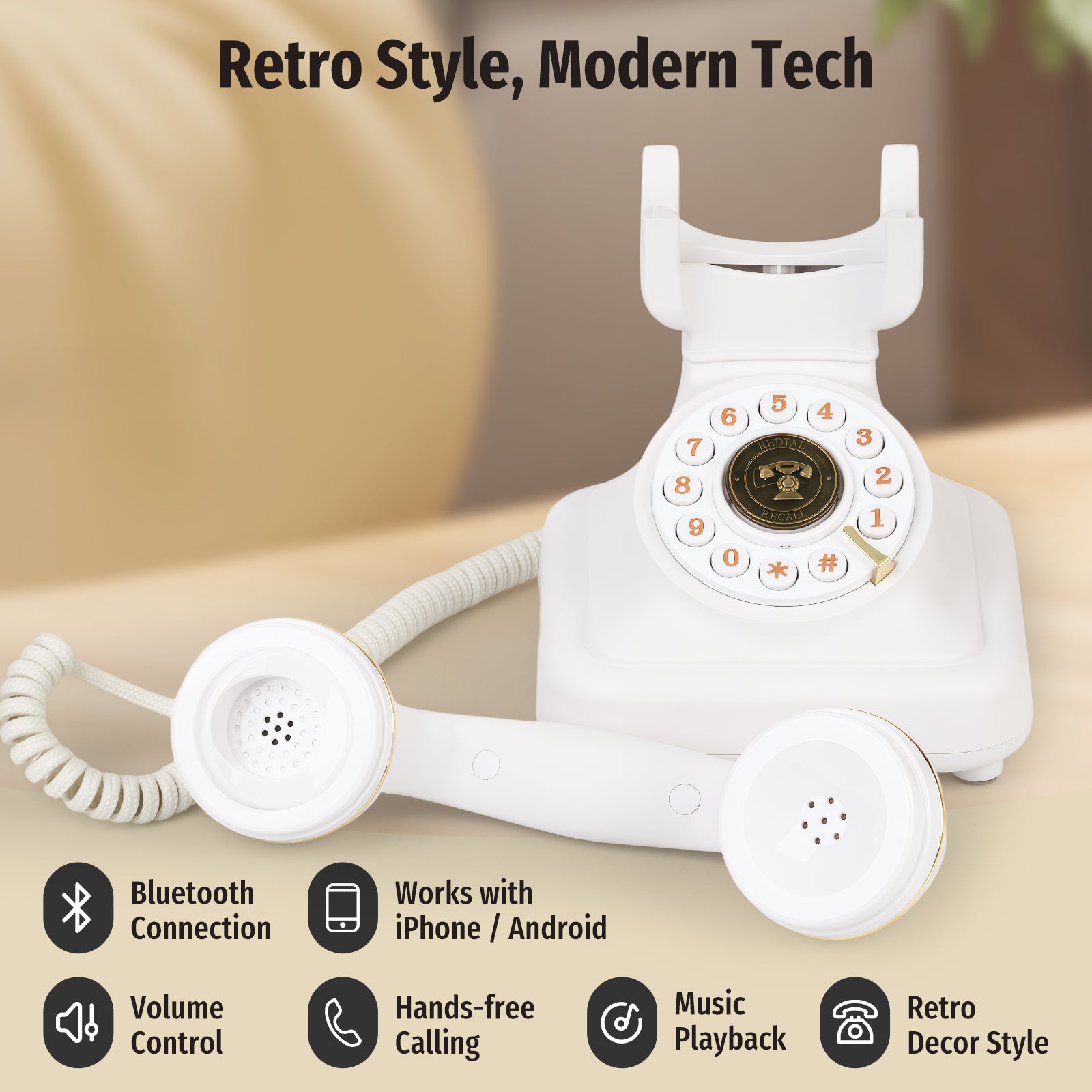 Sangyn Bluetooth Phone with Speakerphone, Bluetooth Landline Telephone with USB Rechargeable Power, Hands-Free Calling & Music Playback, White