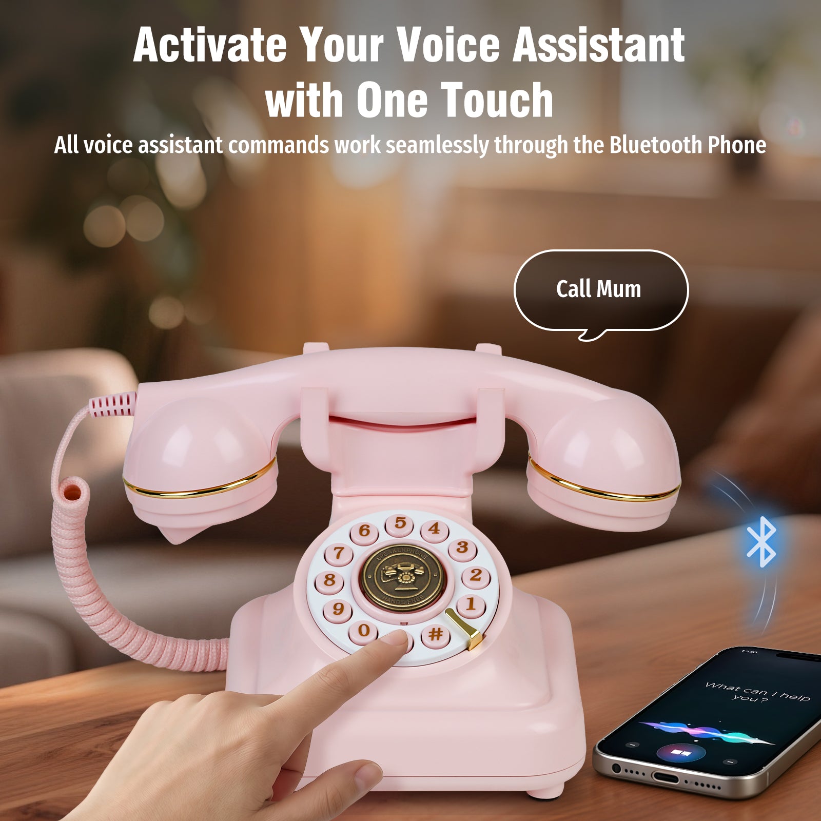 Bluetooth Landline Phone with Voice Assistant, Compatible with Android & iOS, Physical Phone with Volume Control, Pink
