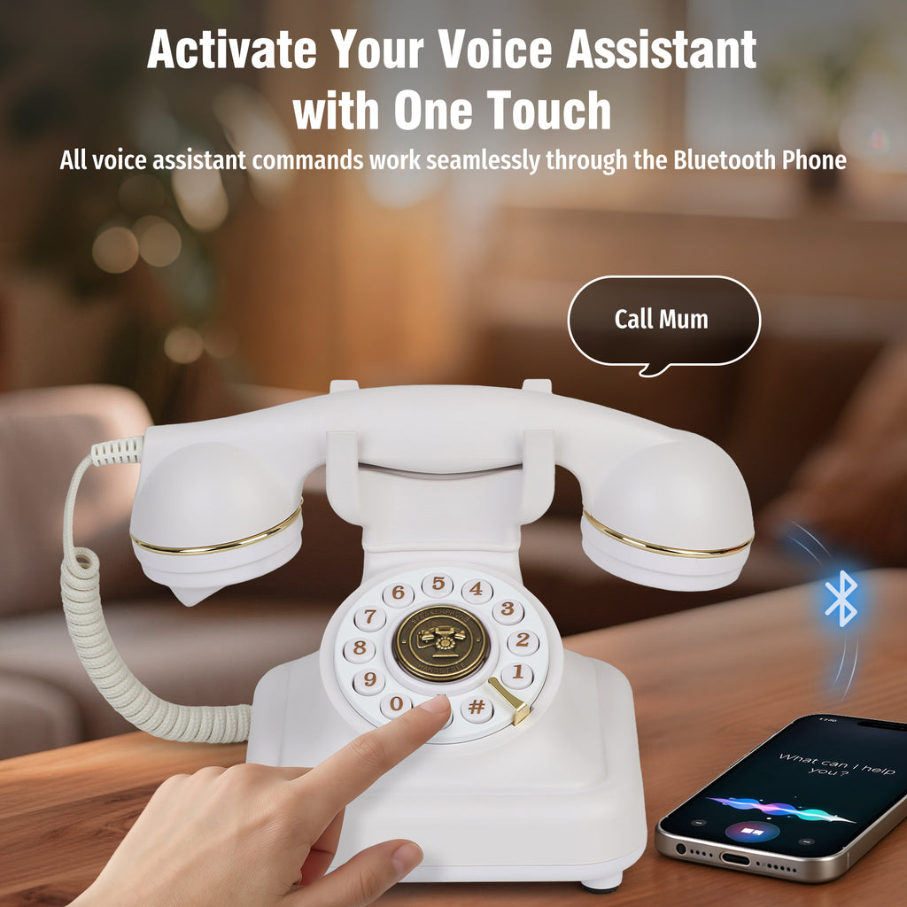 Bluetooth Landline Phone with Voice Assistant, Compatible with Android & iOS, Physical Phone with Volume Control, White