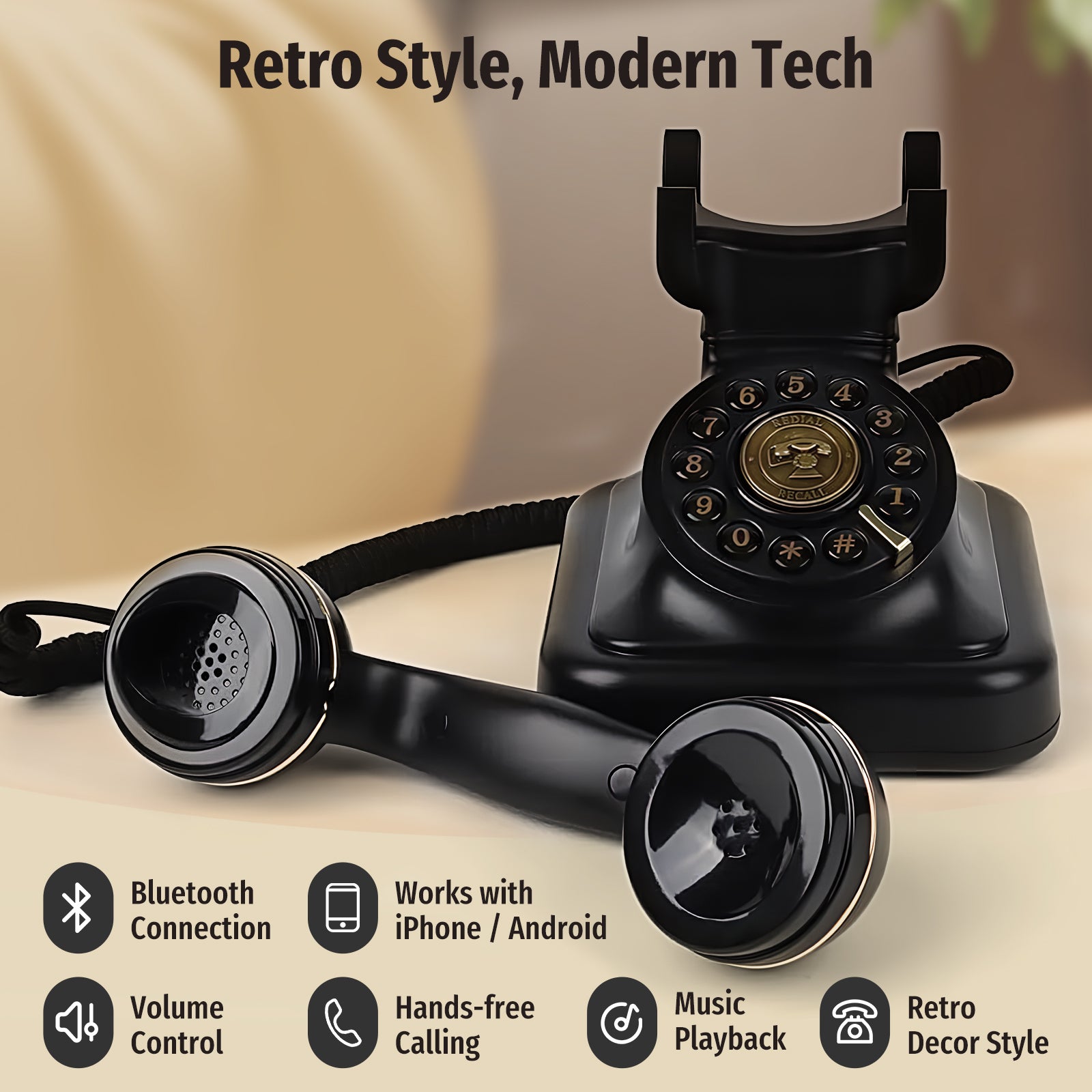Bluetooth Retro Phone with Speakerphone, Bluetooth Landline Phone with USB Rechargeable Power, Hands-Free Calling & Music Playback, Black