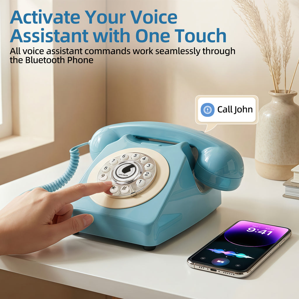 Sangyn Bluetooth Landline Phone with Voice Assistant, Compatible with Android & iOS, Wireless Bluetooth Physical Phone with Volume Control & USB Rechargeable, Blue