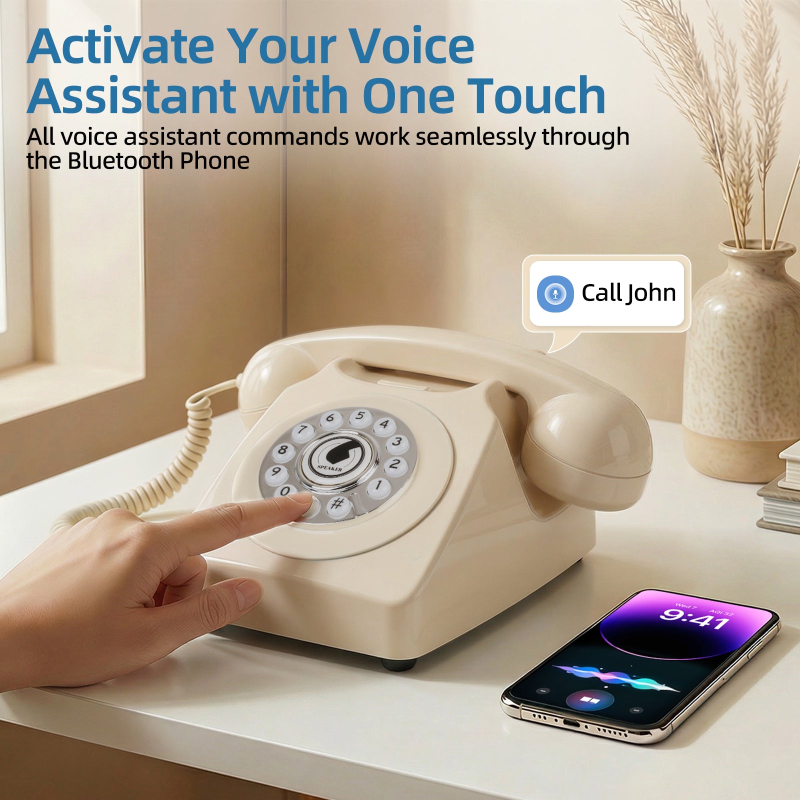 Sangyn Bluetooth Landline Phone with Voice Assistant, Compatible with Android & iOS, Wireless Bluetooth Physical Phone with Volume Control & USB Rechargeable, Beige