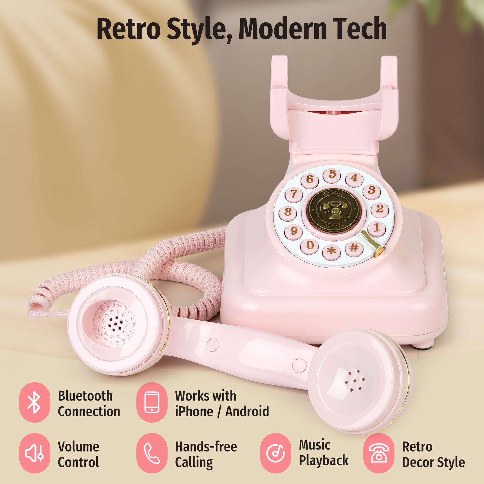 Sangyn Bluetooth Phone with Speakerphone, Bluetooth Landline Telephone with USB Rechargeable Power, Hands-Free Calling & Music Playback, Pink