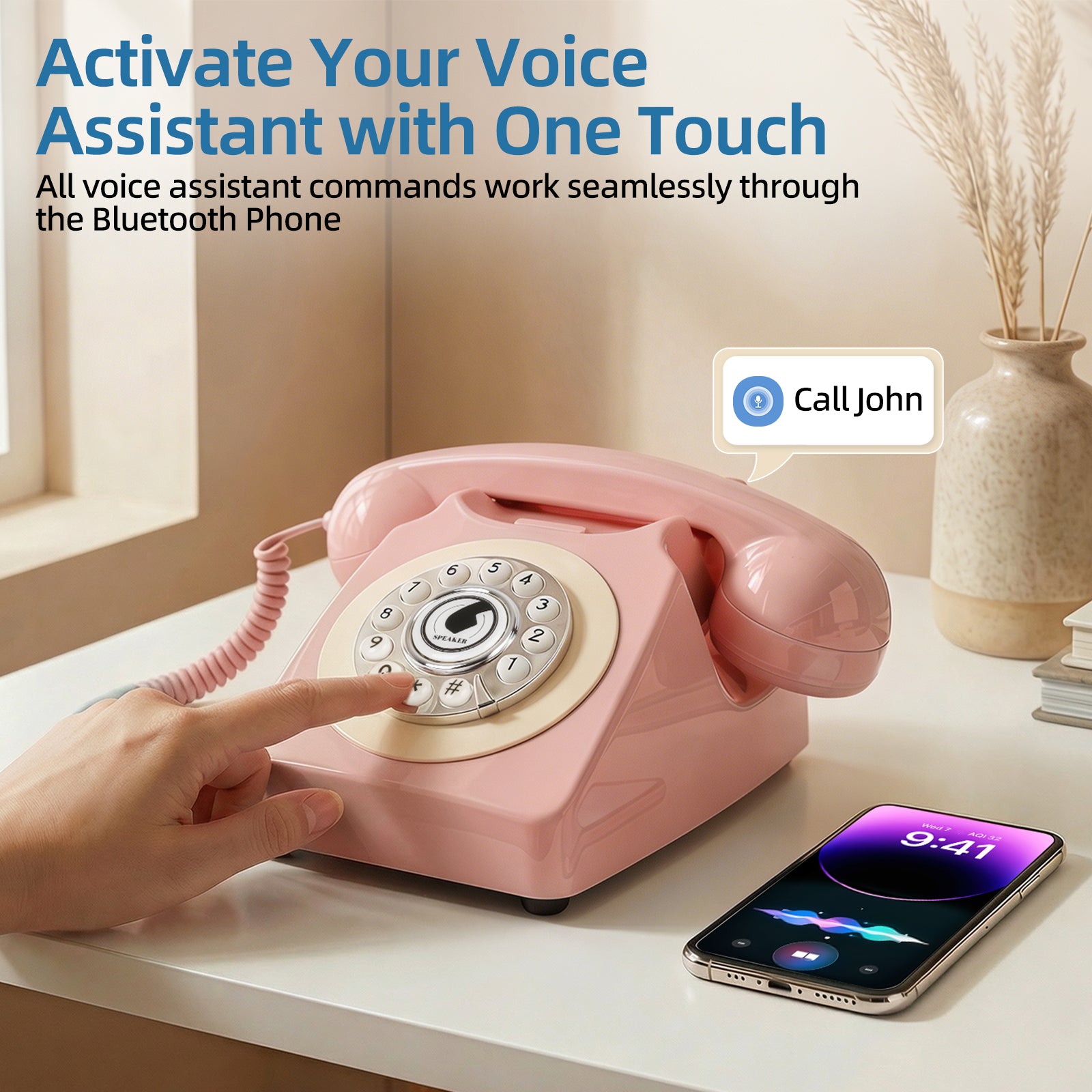 Sangyn Bluetooth Landline Phone with Voice Assistant, Compatible with Android & iOS, Wireless Bluetooth Physical Phone with Volume Control & USB Rechargeable, Pink