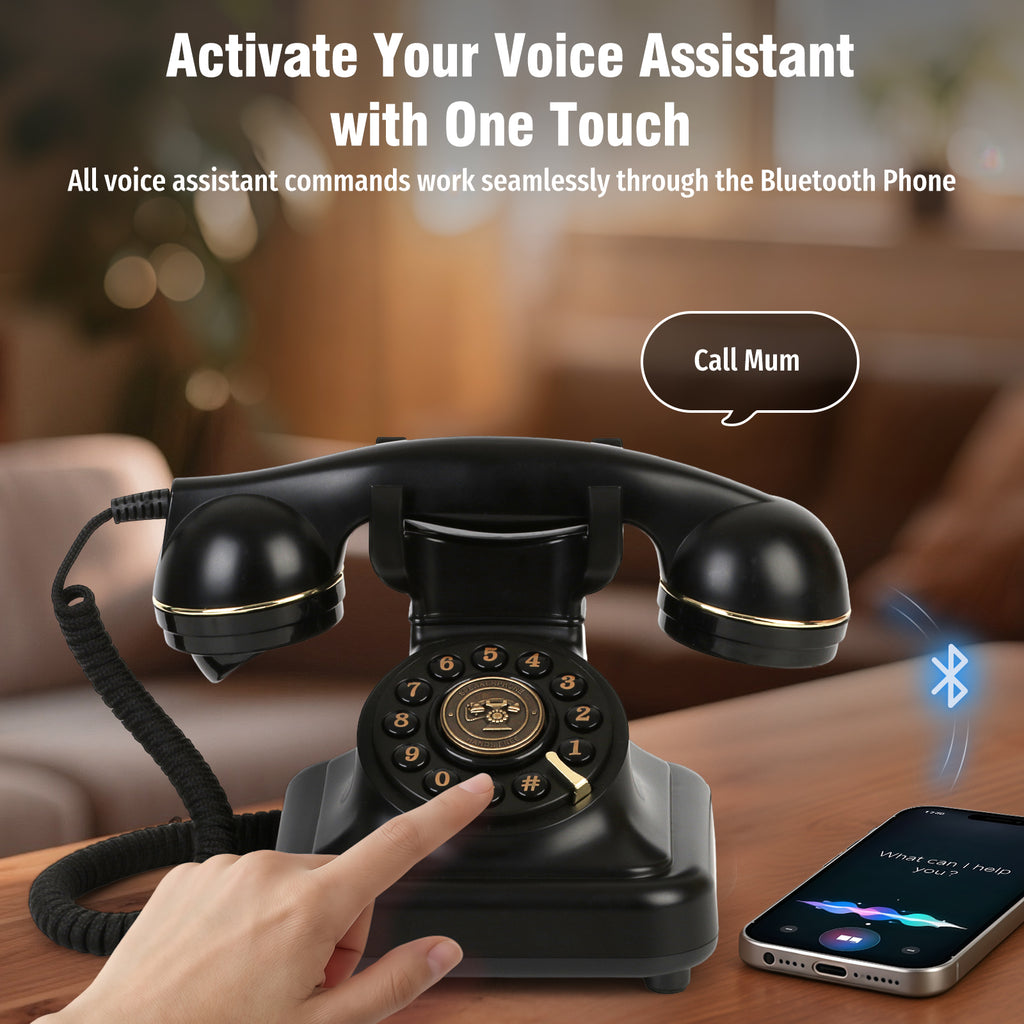 Bluetooth Landline Phone with Voice Assistant, Compatible with Android & iOS, Physical Phone with Volume Control, Black