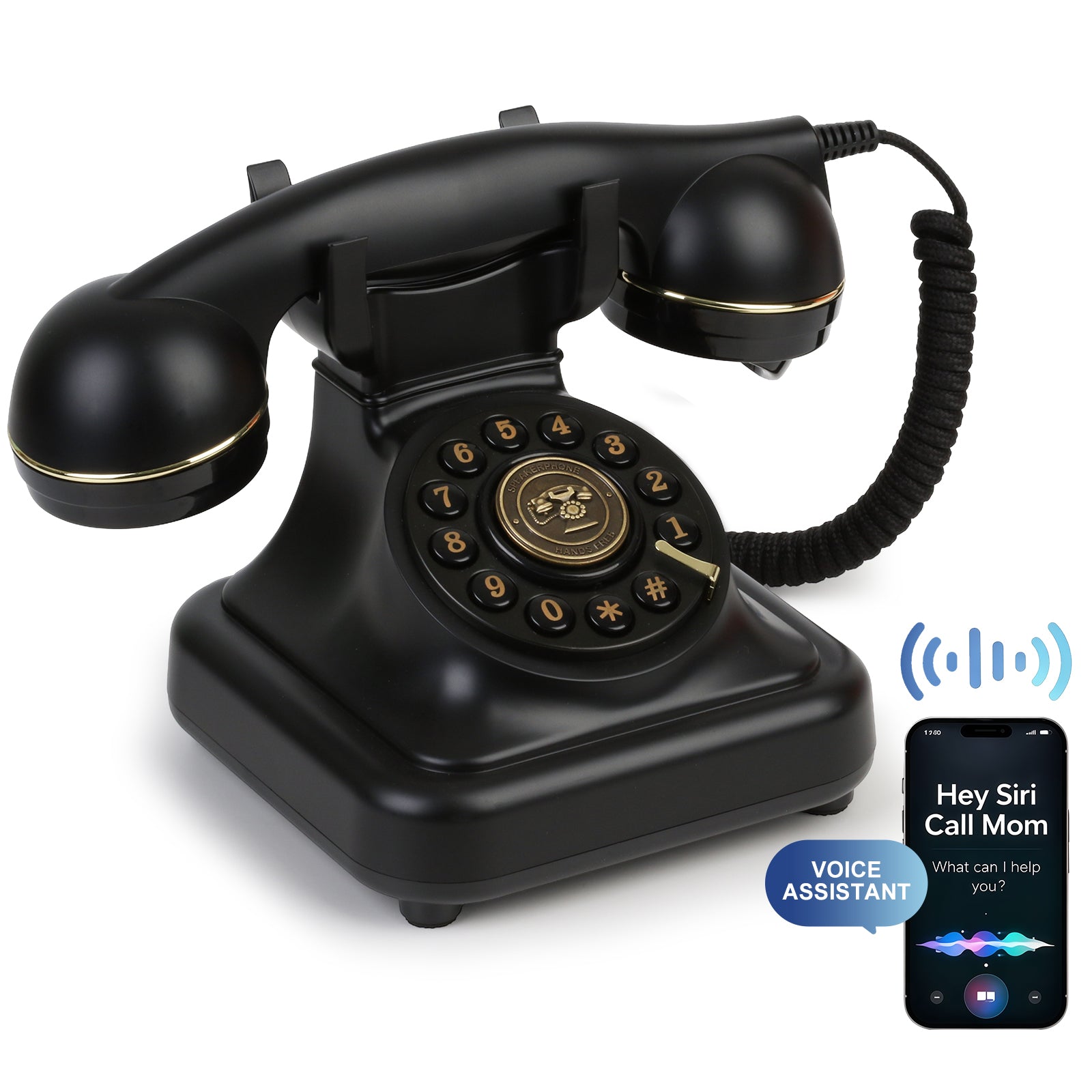 Bluetooth Landline Phone with Voice Assistant, Compatible with Android & iOS, Physical Phone with Volume Control, Black