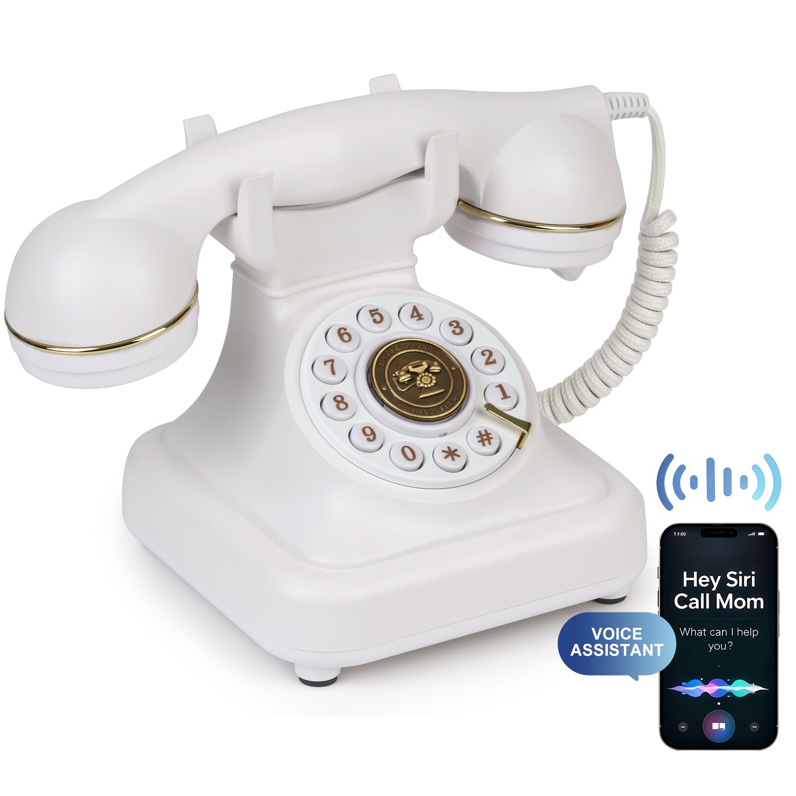 Bluetooth Landline Phone with Voice Assistant, Compatible with Android & iOS, Physical Phone with Volume Control, White