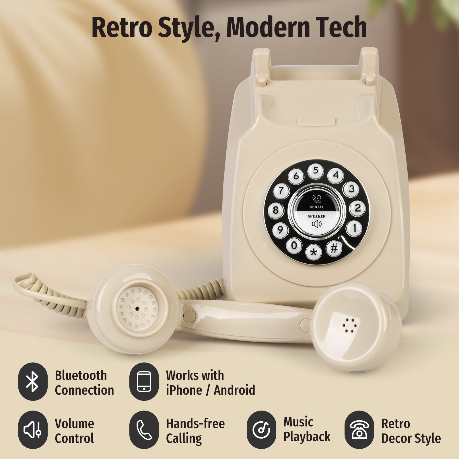 Bluetooth Landline Phone with Speakerphone, Retro Bluetooth Desk Phone, Bluetooth Telephone with USB Rechargeable, Beige