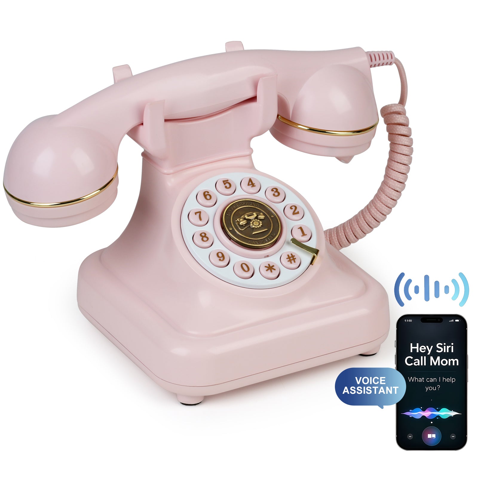 Bluetooth Landline Phone with Voice Assistant, Compatible with Android & iOS, Physical Phone with Volume Control, Pink