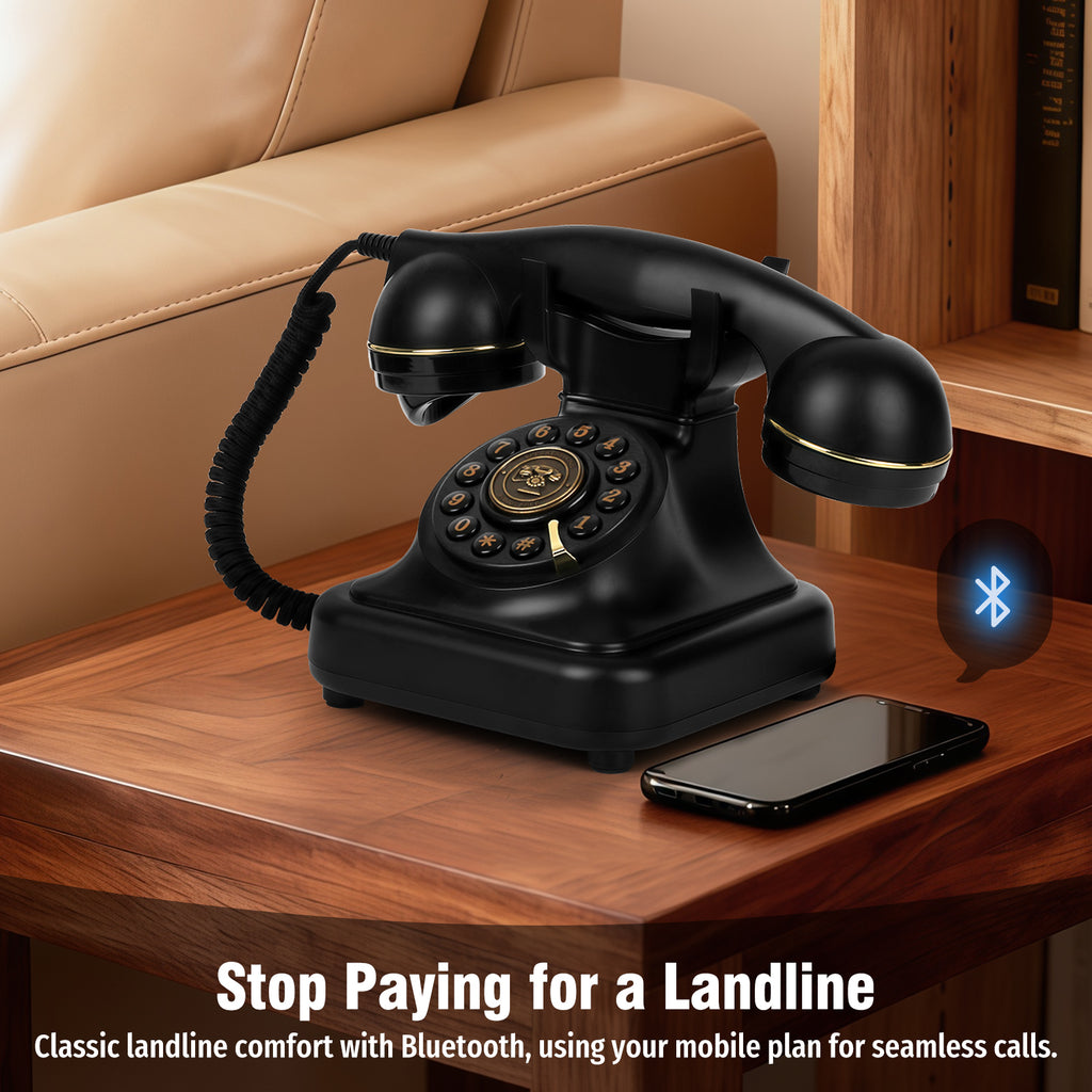 Bluetooth Landline Phone with Voice Assistant, Compatible with Android & iOS, Physical Phone with Volume Control, Black