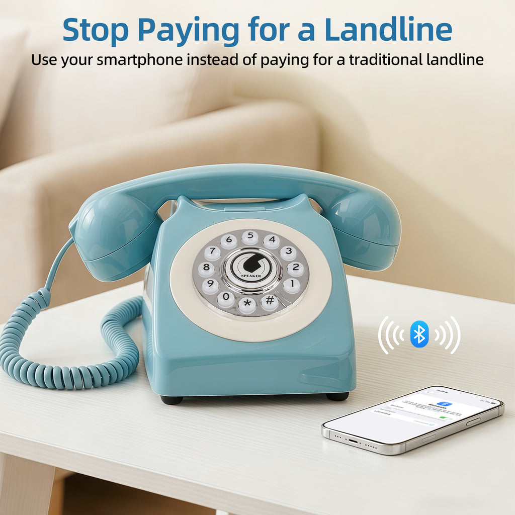 Sangyn Bluetooth Landline Phone with Voice Assistant, Compatible with Android & iOS, Wireless Bluetooth Physical Phone with Volume Control & USB Rechargeable, Blue
