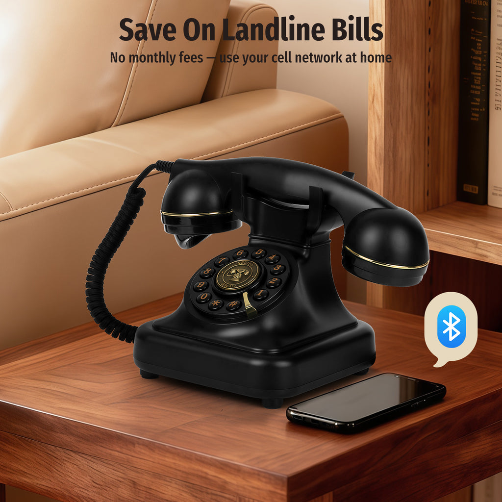 Bluetooth Retro Phone with Speakerphone, Bluetooth Landline Phone with USB Rechargeable Power, Hands-Free Calling & Music Playback, Black