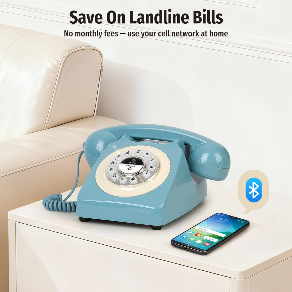 Bluetooth Landline Phone with Speakerphone, Retro Bluetooth Desk Phone, Bluetooth Telephone with USB Rechargeable, Blue