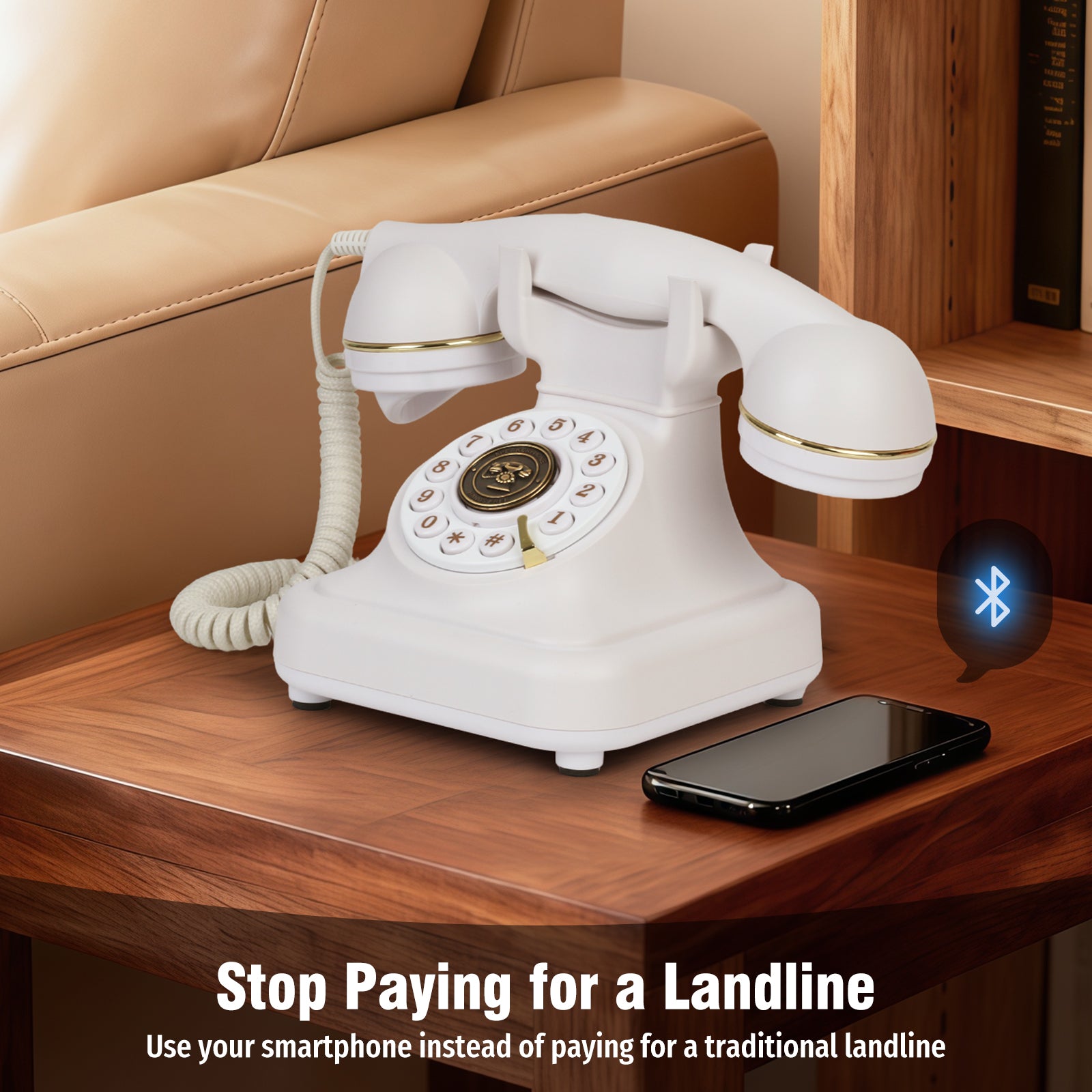 Bluetooth Landline Phone with Voice Assistant, Compatible with Android & iOS, Physical Phone with Volume Control, White