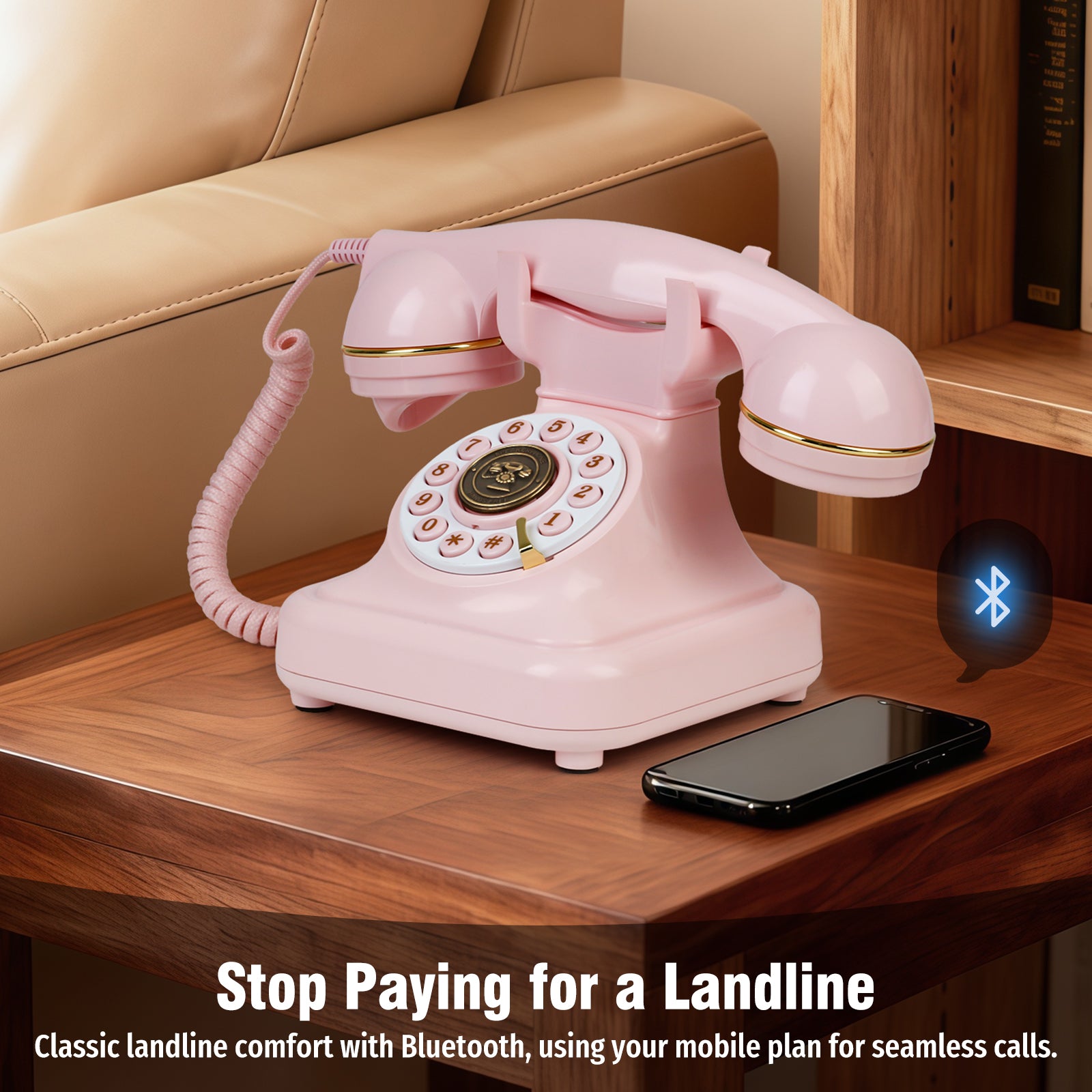 Bluetooth Landline Phone with Voice Assistant, Compatible with Android & iOS, Physical Phone with Volume Control, Pink