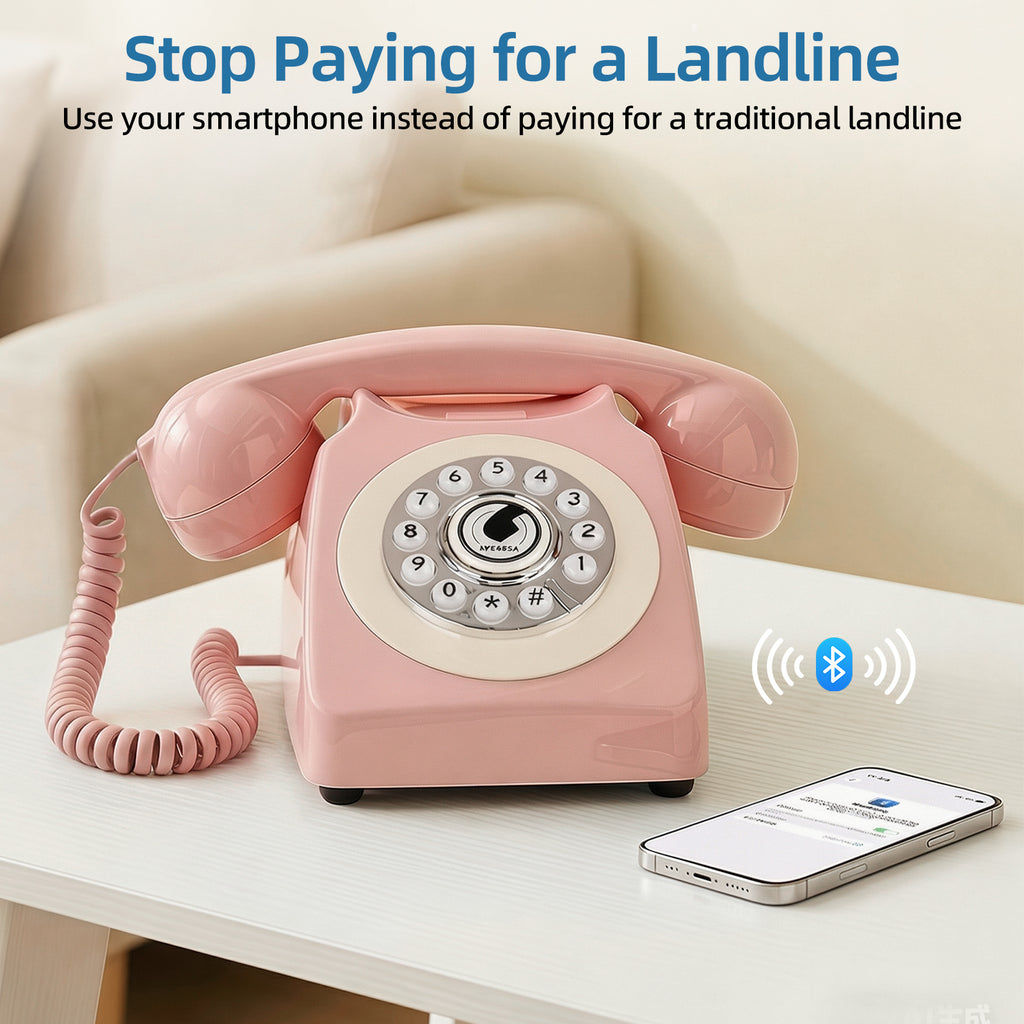 Sangyn Bluetooth Landline Phone with Voice Assistant, Compatible with Android & iOS, Wireless Bluetooth Physical Phone with Volume Control & USB Rechargeable, Pink