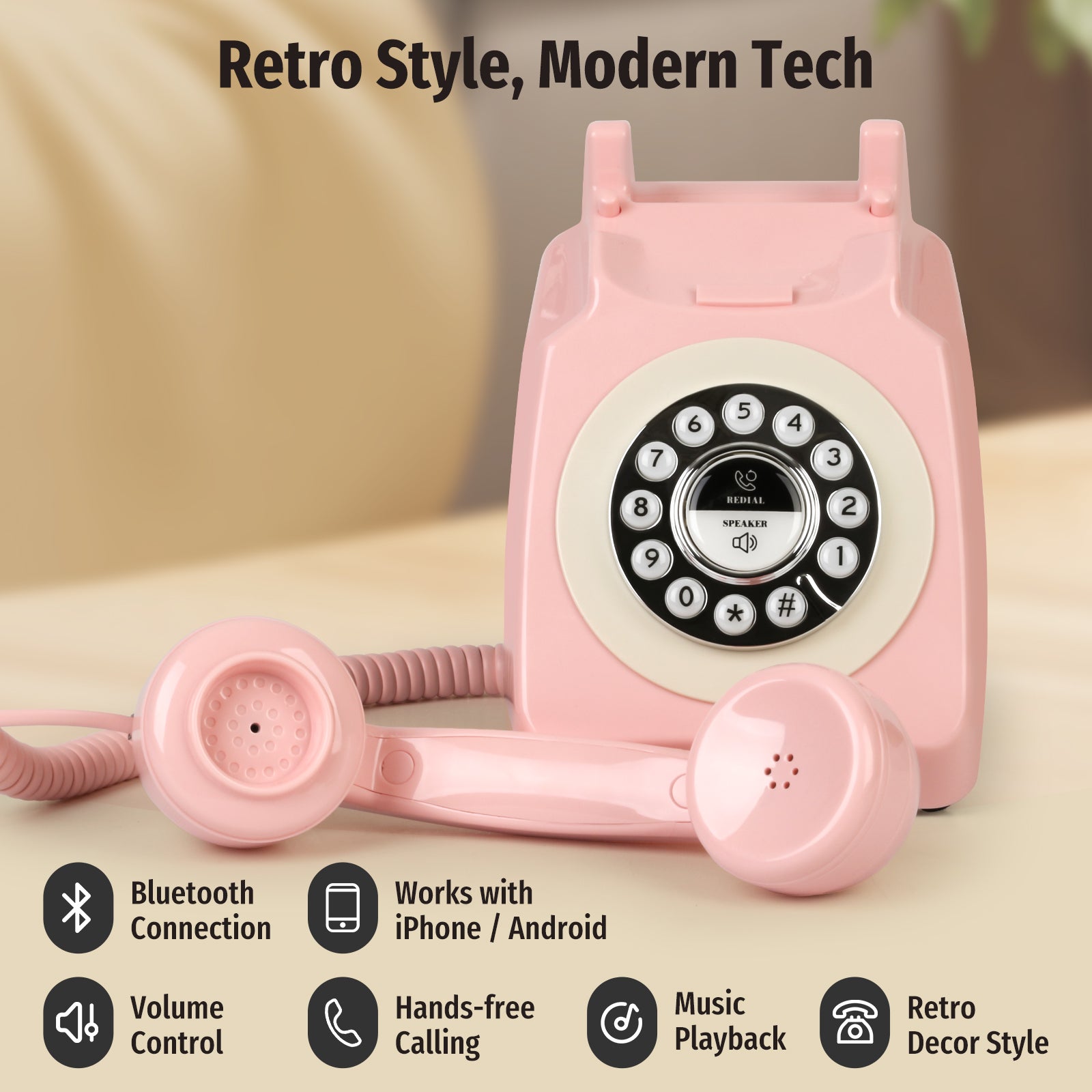 Sangyn Bluetooth Landline Phone, Retro Bluetooth Home Phone Compatible with Android & iOS, Speakerphone, Volume Control & USB Rechargeable