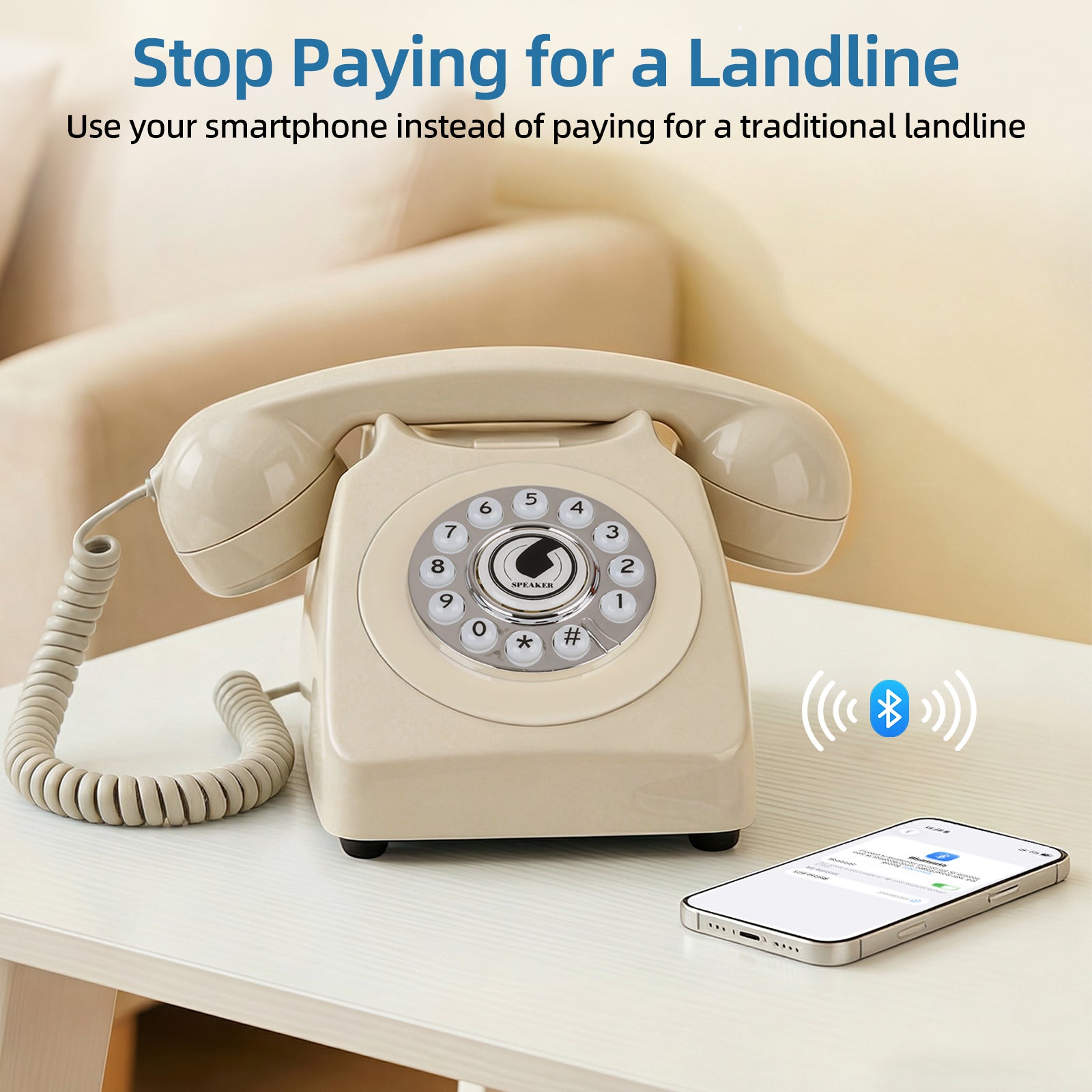 Sangyn Bluetooth Landline Phone with Voice Assistant, Compatible with Android & iOS, Wireless Bluetooth Physical Phone with Volume Control & USB Rechargeable, Beige