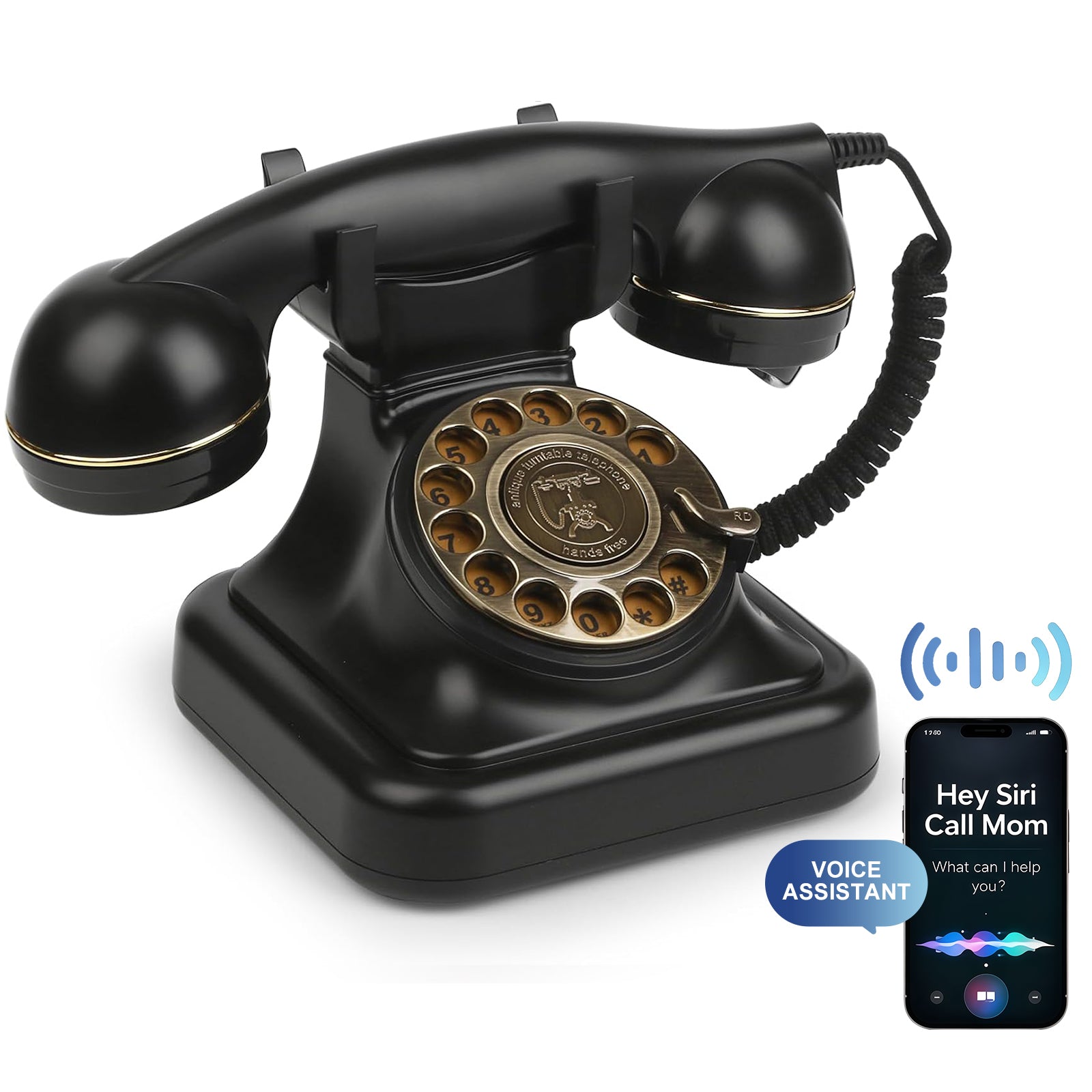 Sangyn Bluetooth Rotary Phone with Voice Assistant, Compatible with Android & iOS, Physical Phone with Volume Control, Black