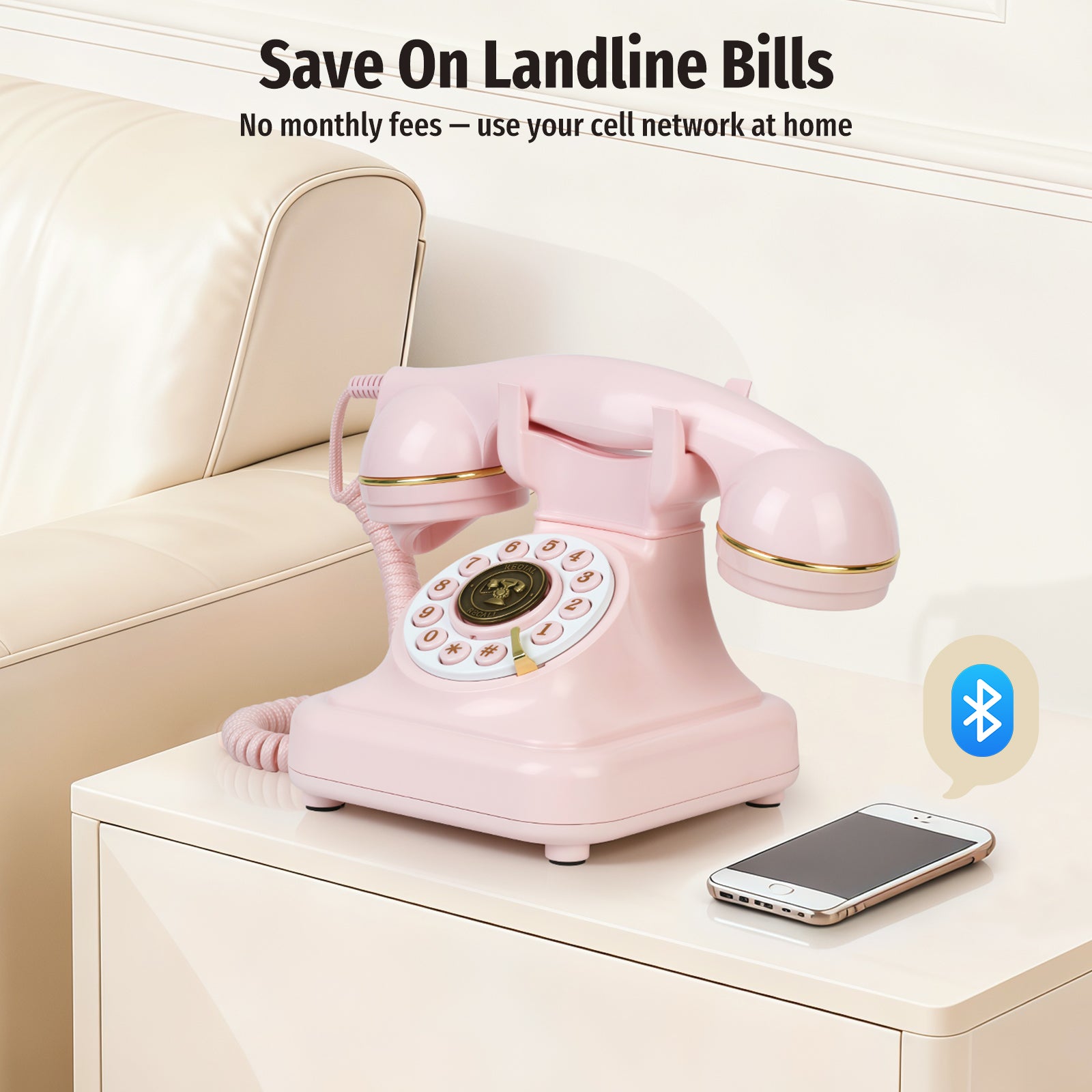 Sangyn Bluetooth Phone with Speakerphone, Bluetooth Landline Telephone with USB Rechargeable Power, Hands-Free Calling & Music Playback, Pink
