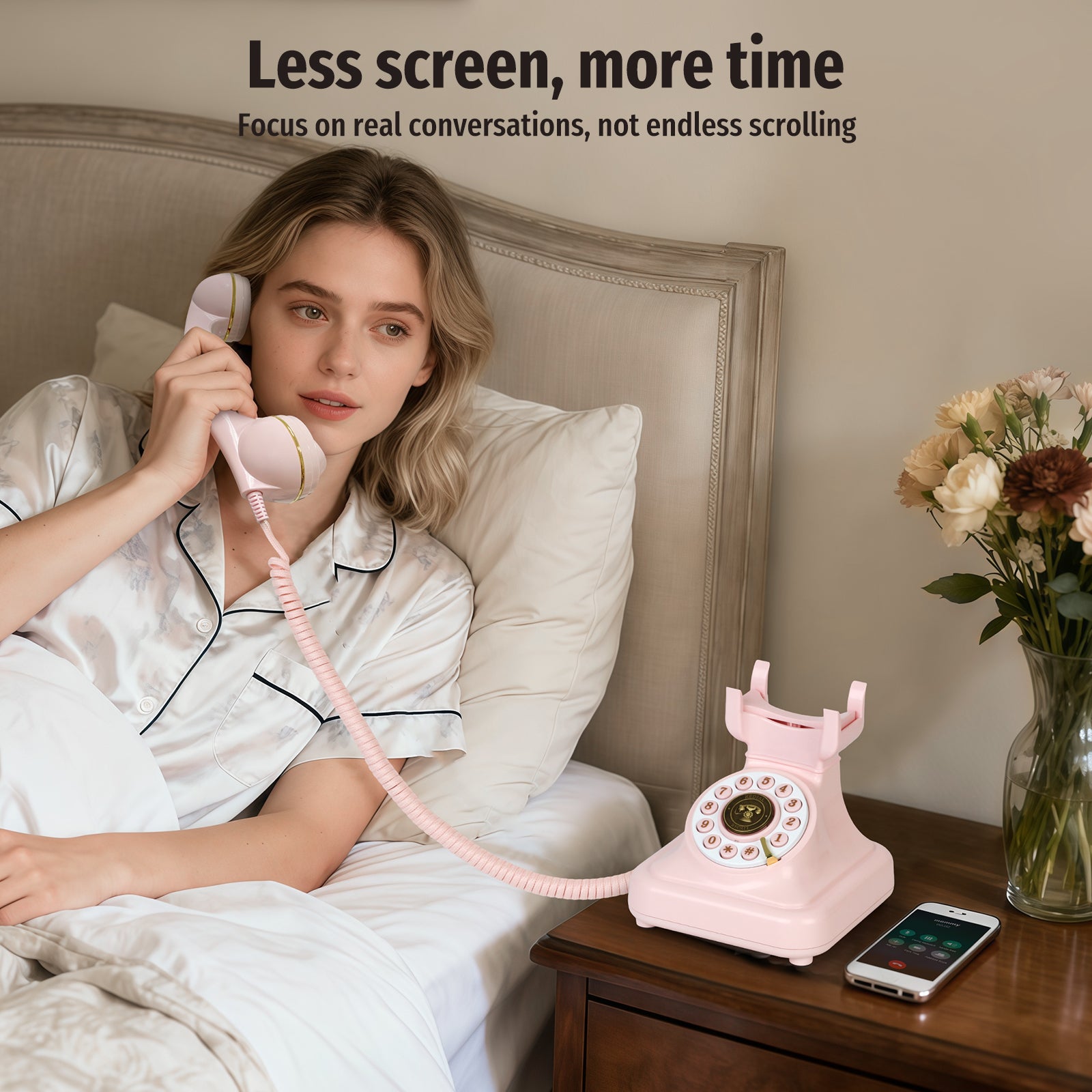 Sangyn Bluetooth Phone with Speakerphone, Bluetooth Landline Telephone with USB Rechargeable Power, Hands-Free Calling & Music Playback, Pink