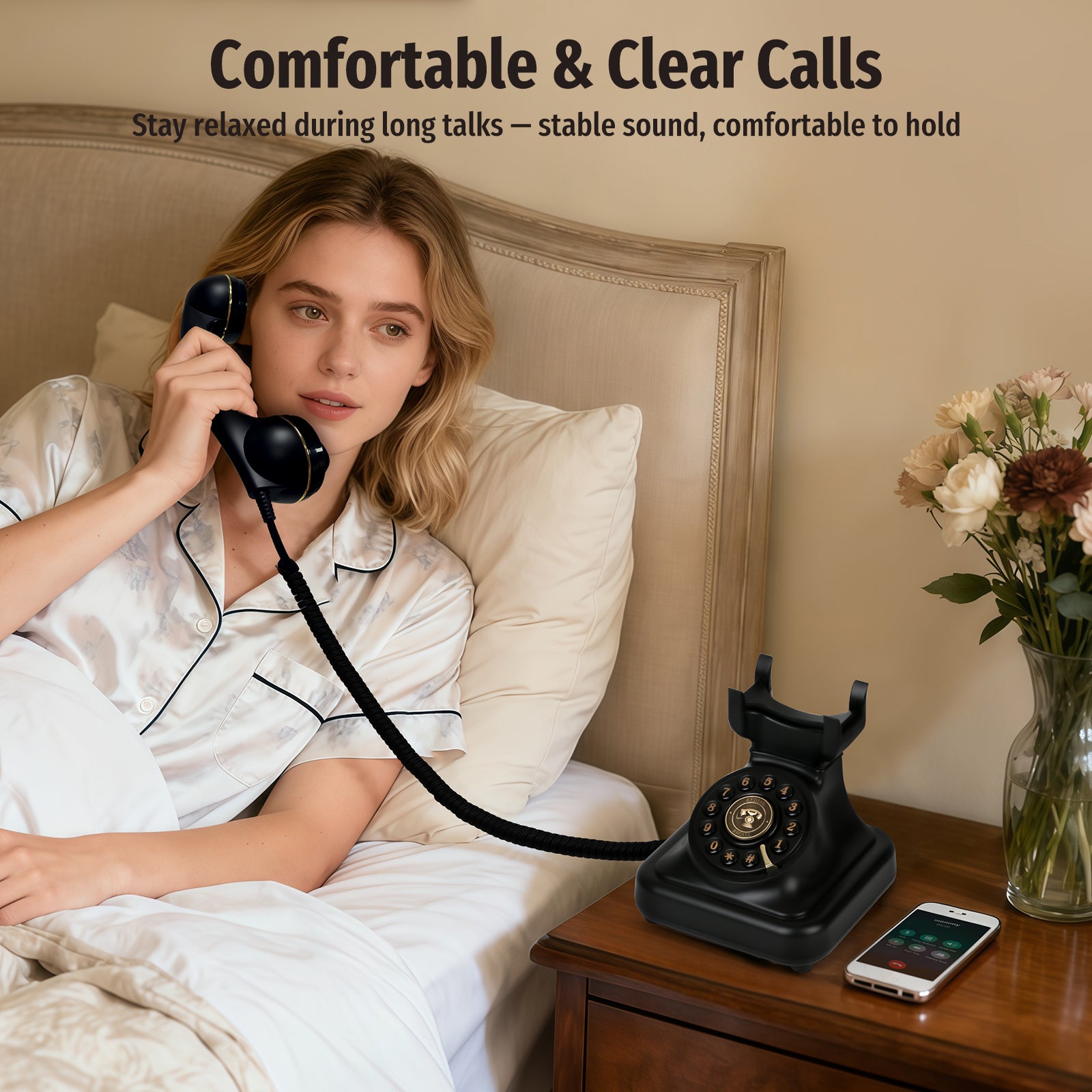 Bluetooth Retro Phone with Speakerphone, Bluetooth Landline Phone with USB Rechargeable Power, Hands-Free Calling & Music Playback, Black