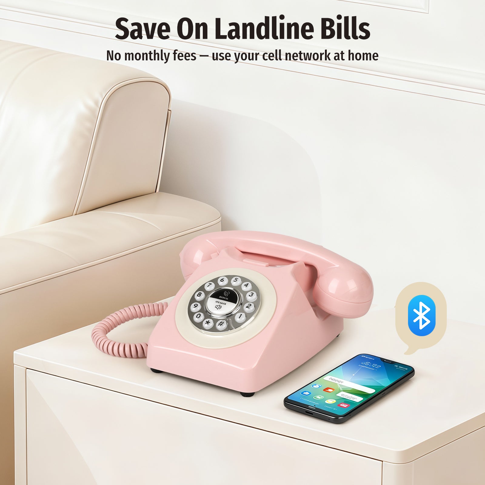Sangyn Bluetooth Landline Phone, Retro Bluetooth Home Phone Compatible with Android & iOS, Speakerphone, Volume Control & USB Rechargeable