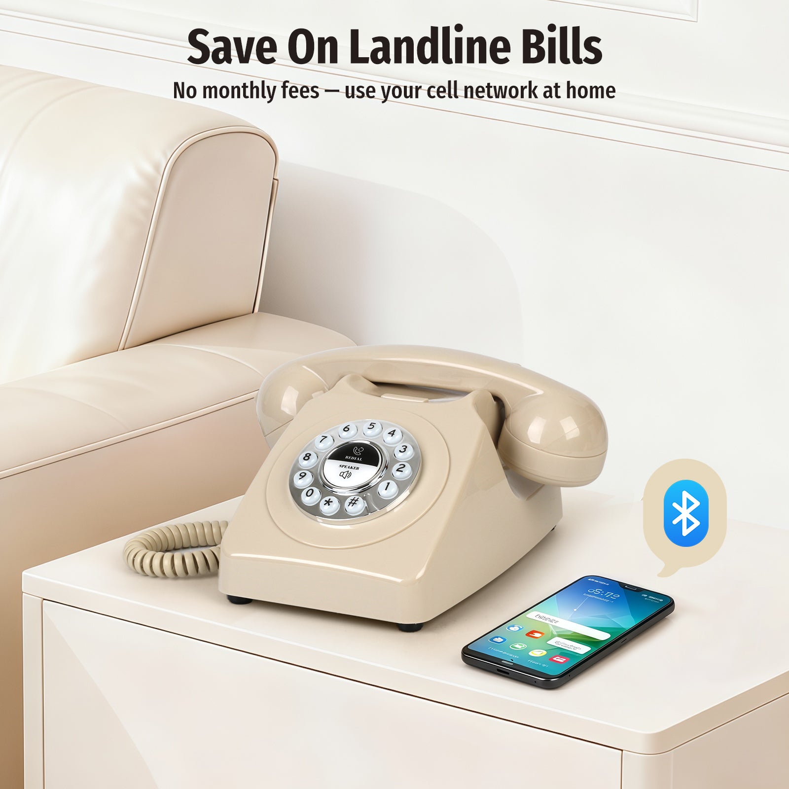 Bluetooth Landline Phone with Speakerphone, Retro Bluetooth Desk Phone, Bluetooth Telephone with USB Rechargeable, Beige