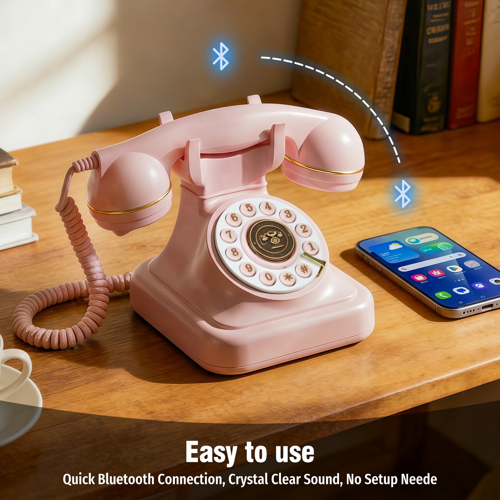 Bluetooth Landline Phone with Voice Assistant, Compatible with Android & iOS, Physical Phone with Volume Control, Pink