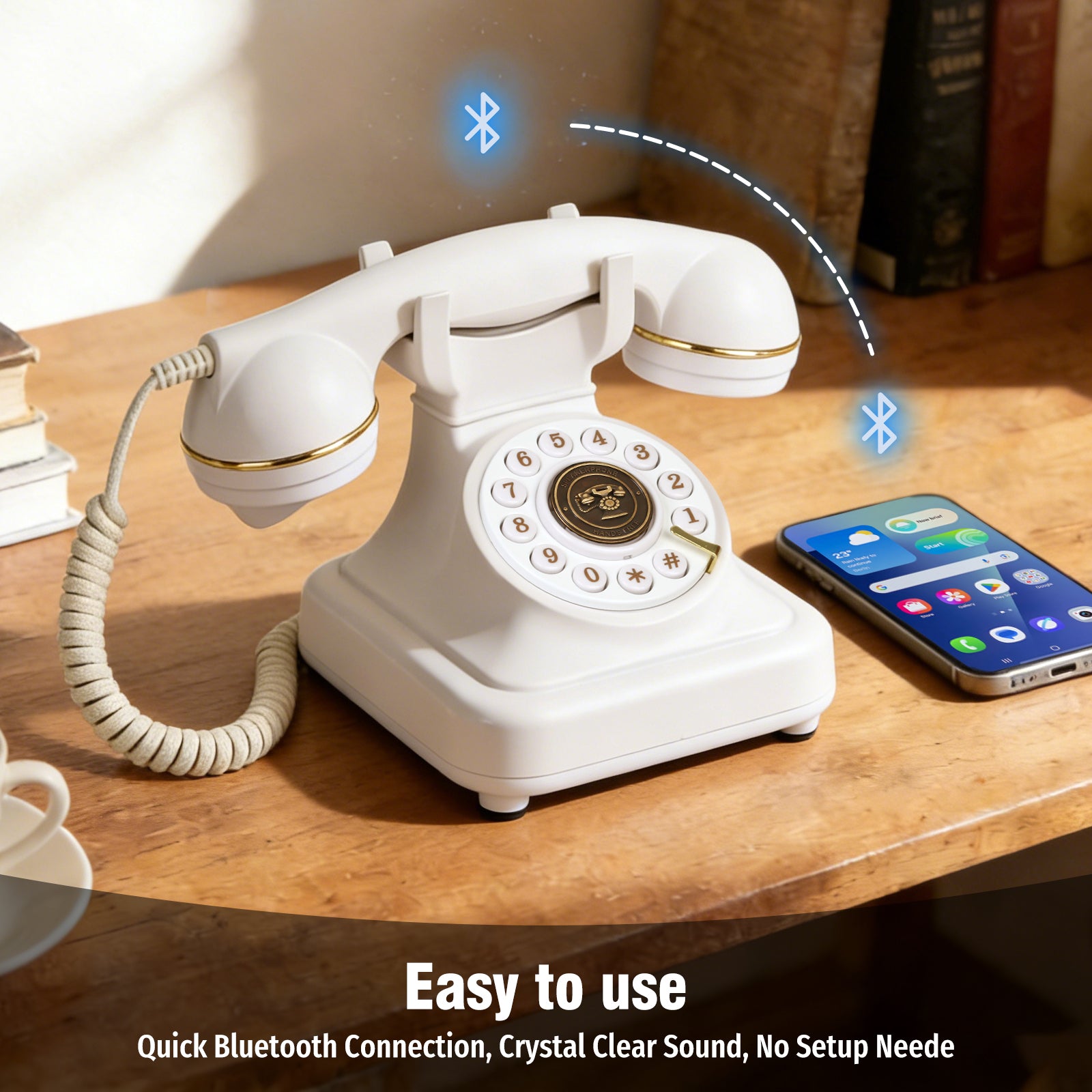 Bluetooth Landline Phone with Voice Assistant, Compatible with Android & iOS, Physical Phone with Volume Control, White