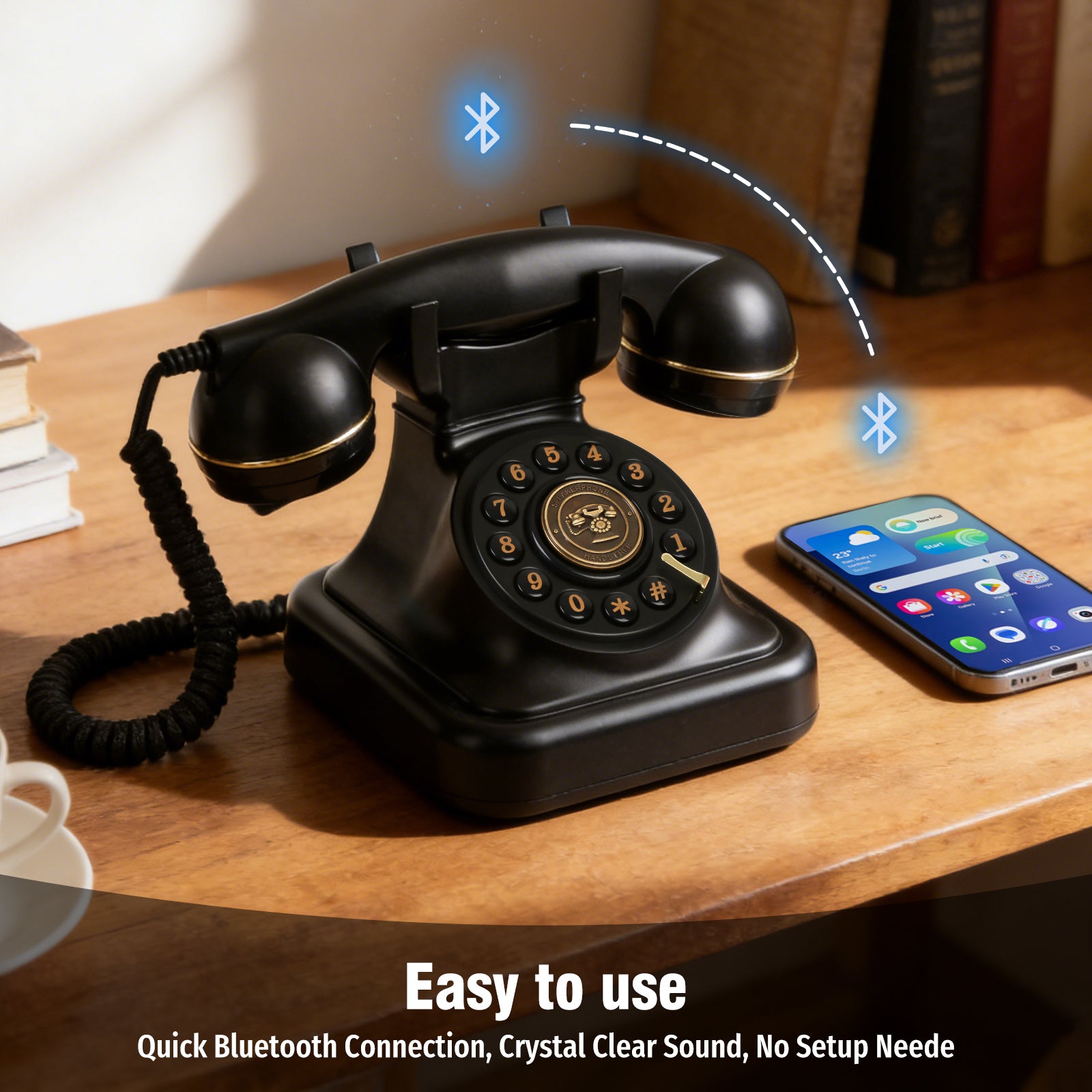 Bluetooth Landline Phone with Voice Assistant, Compatible with Android & iOS, Physical Phone with Volume Control, Black