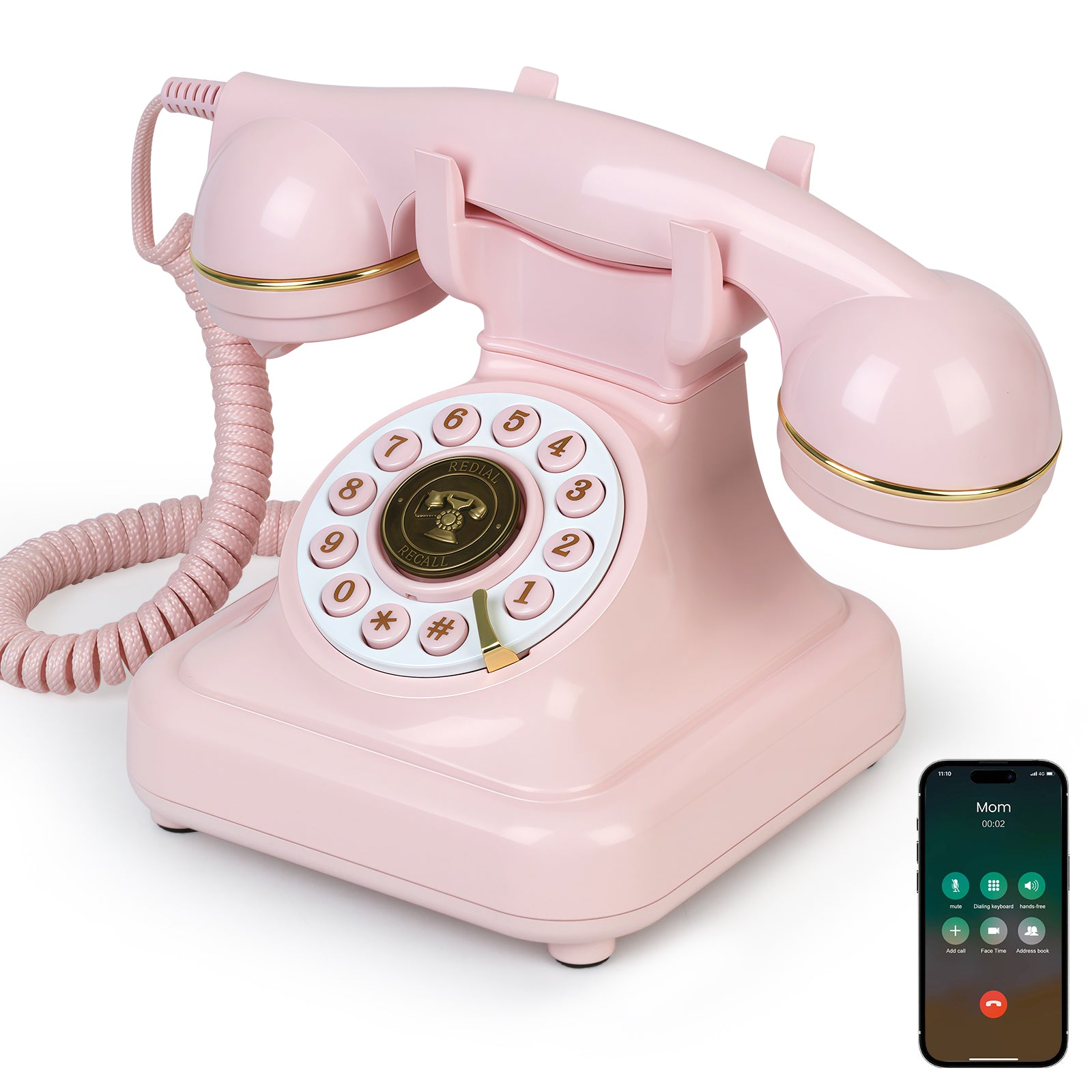 Sangyn Bluetooth Phone with Speakerphone, Bluetooth Landline Telephone with USB Rechargeable Power, Hands-Free Calling & Music Playback, Pink