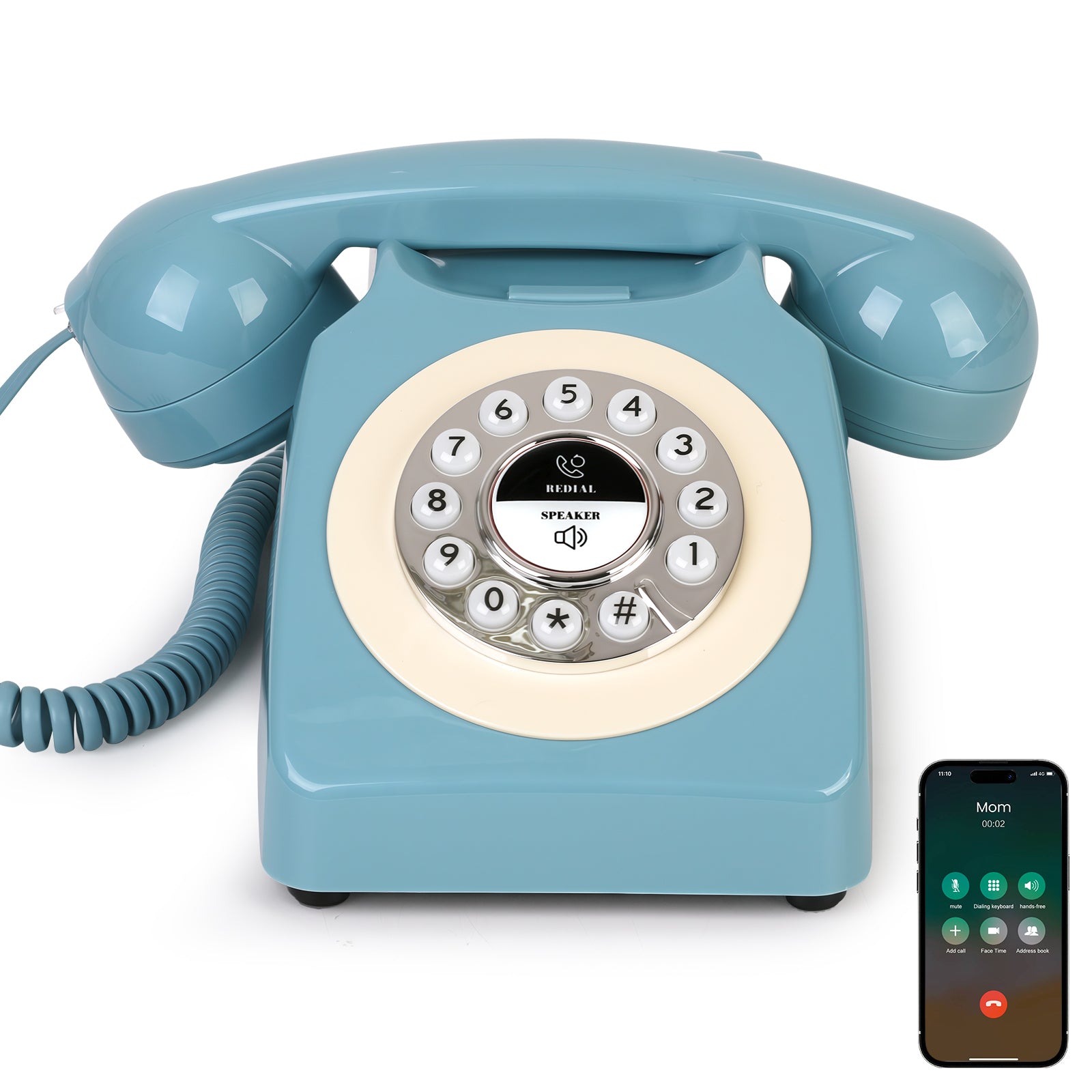 Bluetooth Landline Phone with Speakerphone, Retro Bluetooth Desk Phone, Bluetooth Telephone with USB Rechargeable, Blue
