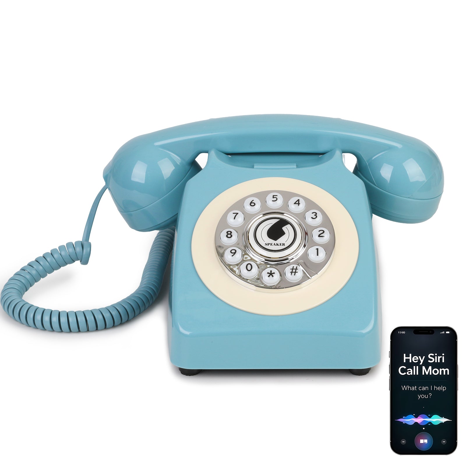 Sangyn Bluetooth Landline Phone with Voice Assistant, Compatible with Android & iOS, Wireless Bluetooth Physical Phone with Volume Control & USB Rechargeable, Blue