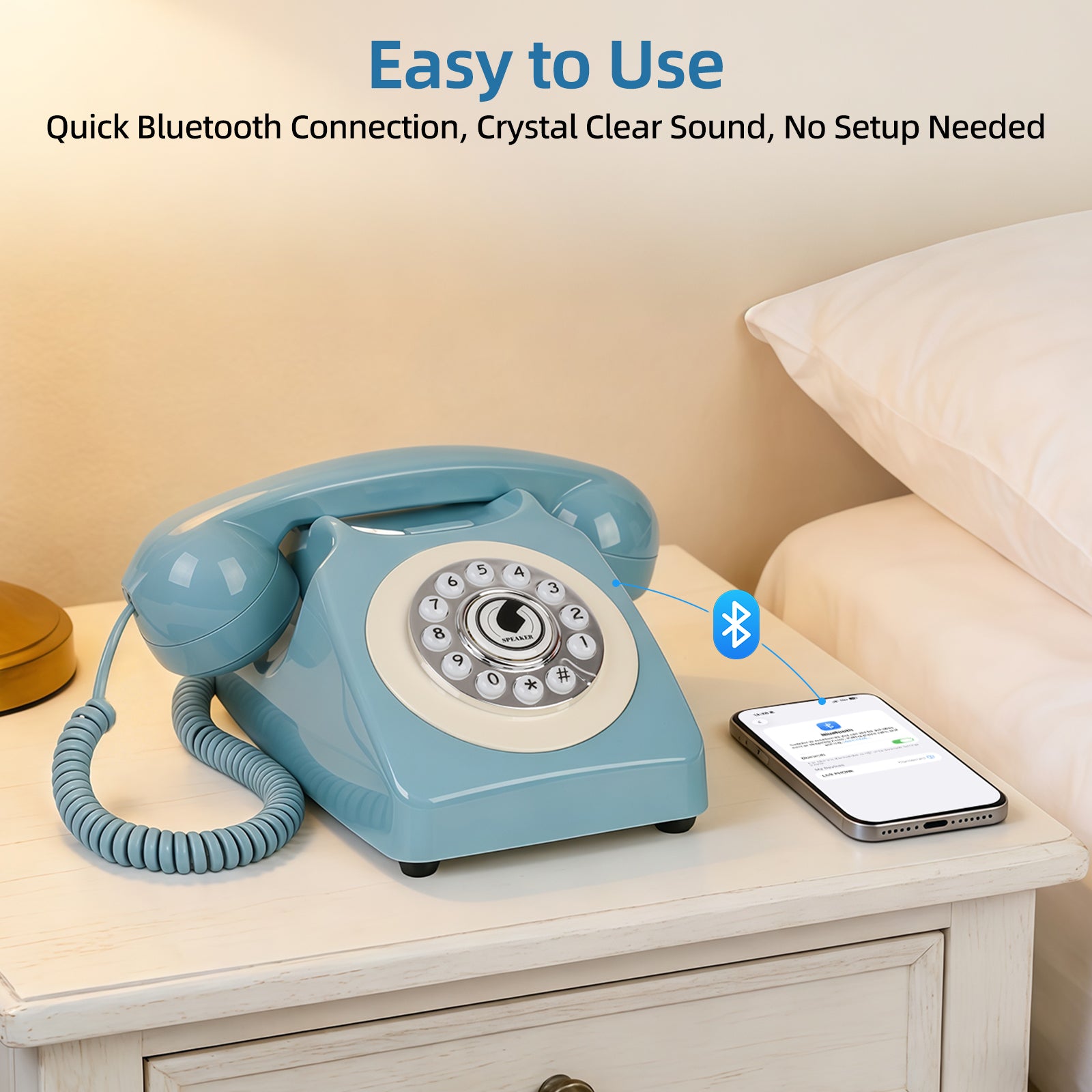 Sangyn Bluetooth Landline Phone with Voice Assistant, Compatible with Android & iOS, Wireless Bluetooth Physical Phone with Volume Control & USB Rechargeable, Blue