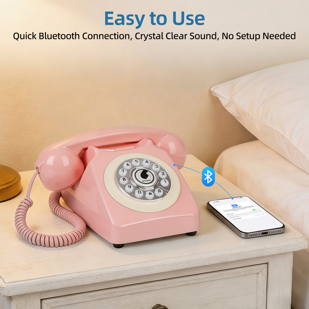 Sangyn Bluetooth Landline Phone with Voice Assistant, Compatible with Android & iOS, Wireless Bluetooth Physical Phone with Volume Control & USB Rechargeable, Pink
