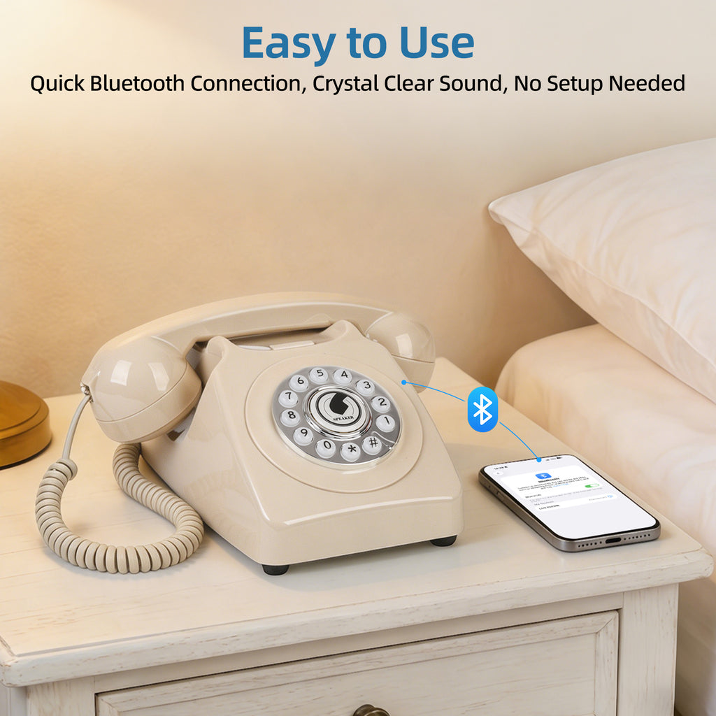 Sangyn Bluetooth Landline Phone with Voice Assistant, Compatible with Android & iOS, Wireless Bluetooth Physical Phone with Volume Control & USB Rechargeable, Beige