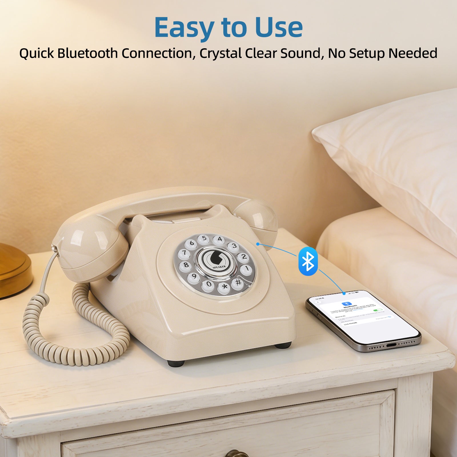Sangyn Bluetooth Landline Phone with Voice Assistant, Compatible with Android & iOS, Wireless Bluetooth Physical Phone with Volume Control & USB Rechargeable, Beige